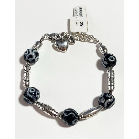 New Brighton Retired Kenya Black/White Marbled Glass Bead Bracelet Adjustable - Picture 2 of 4